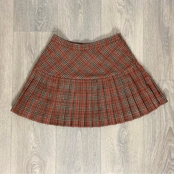 Aakaa Pleated Plaid Mini Skirt High Rise waist Brown Size Small Preppy Academia - Picture 10 of 11